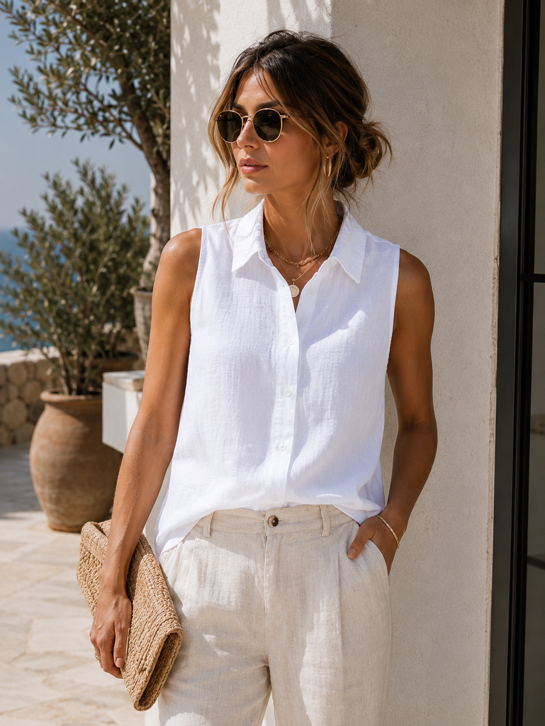 Velmora Pure Linen Sleeveless Top – White Edition